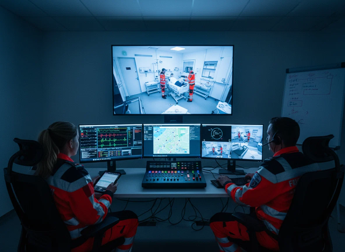 Two emergency responders in a dark control room monitoring multiple screens showing patient vitals, GPS mapping, and live video feeds of a clinical simulation for remote coordination training.