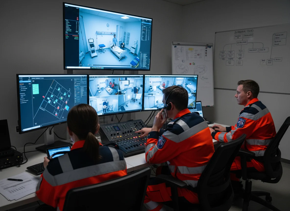 Emergency response personnel in orange uniforms monitoring hospital surveillance feeds and coordinating operations from control room with audio-video equipment.