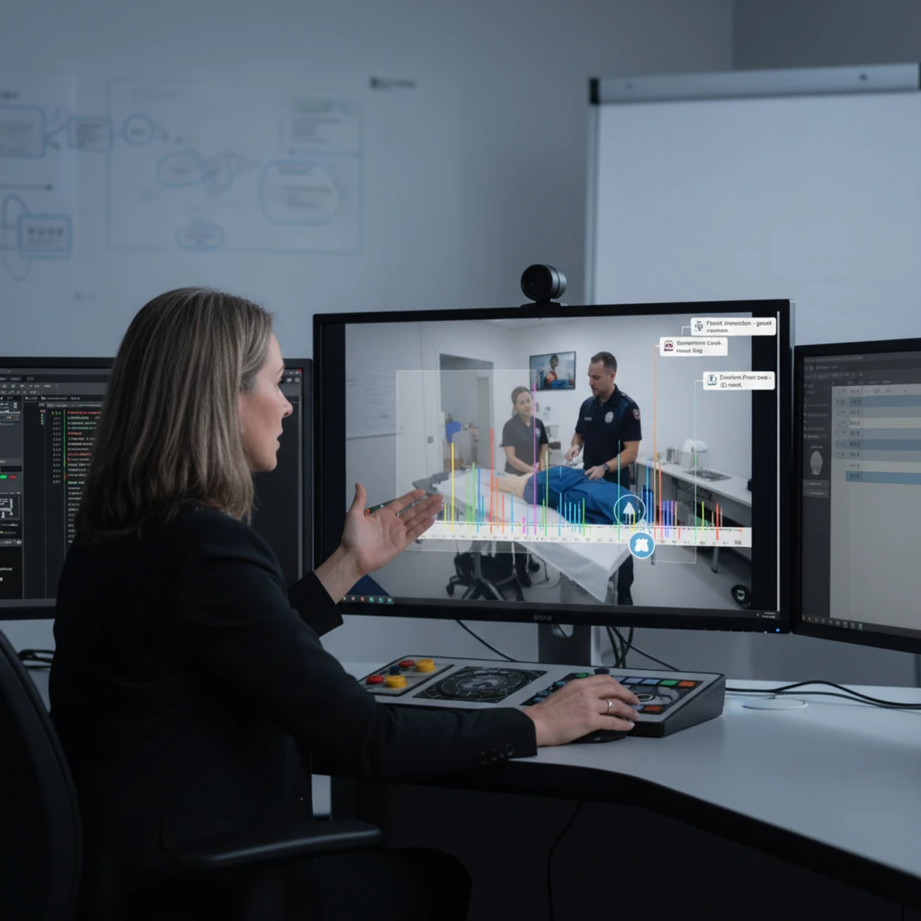 Healthcare professional at workstation analyzing clinical video feed with real-time data visualization and monitoring tools.
