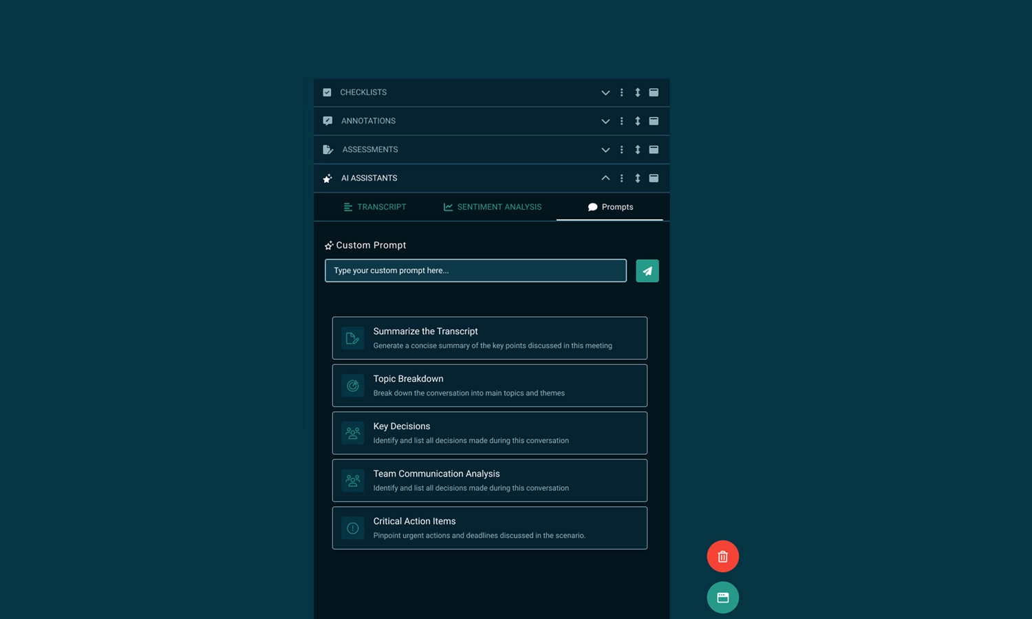 A dark-themed user interface displaying tabs for Checklists, Annotations, Assignments, and Assistants. The Assistants tab is open, showcasing SIMStation AI-Powered Insights for Simulation Training with AI prompt options like Summarize the Transcript and Key Decisions.