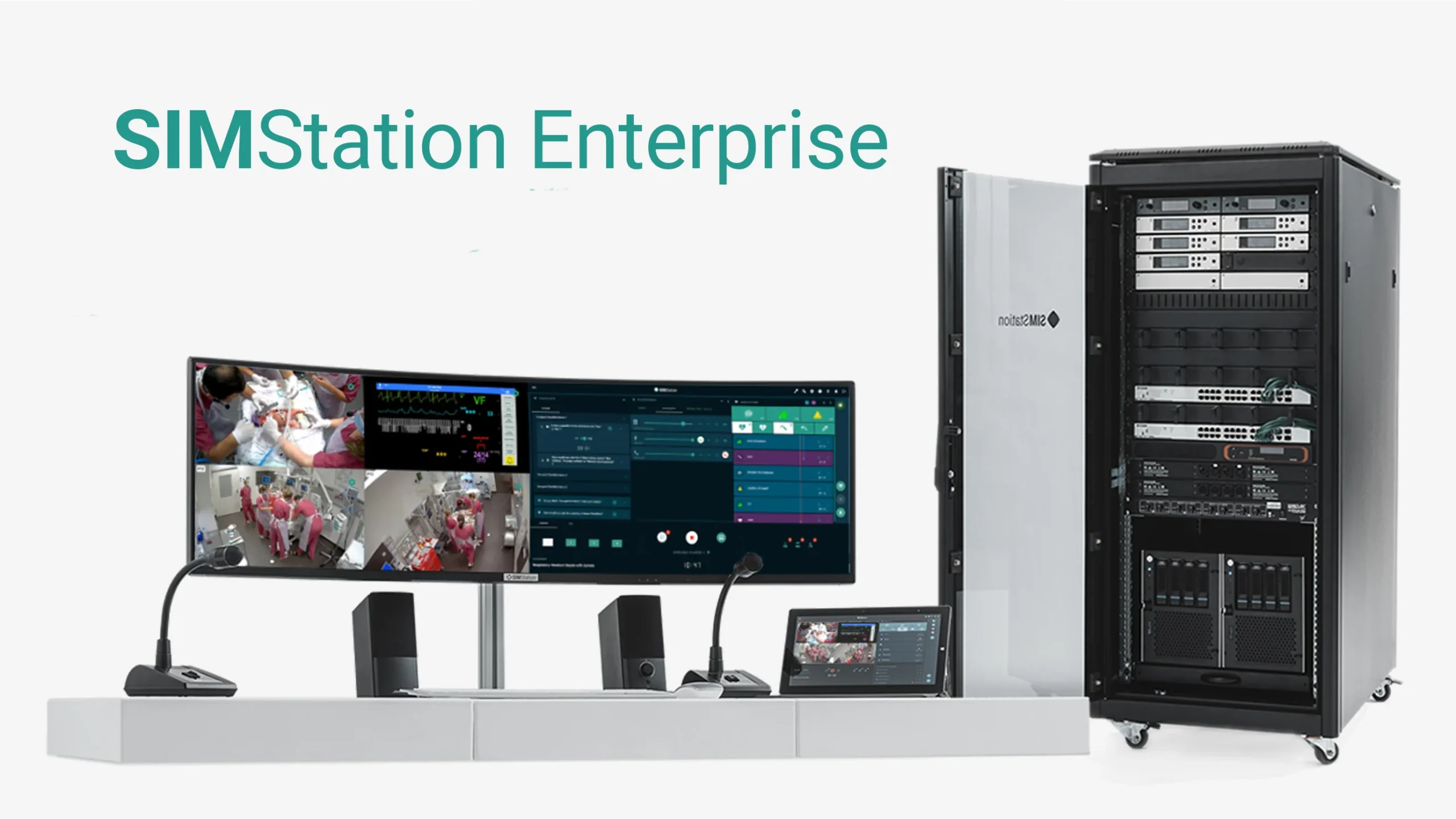 A SIMStation setup with server-based architecture features two large monitors displaying video feeds and control panels, audio equipment on a desk, and a tall server rack—each installation tailored precisely to your spatial layout.