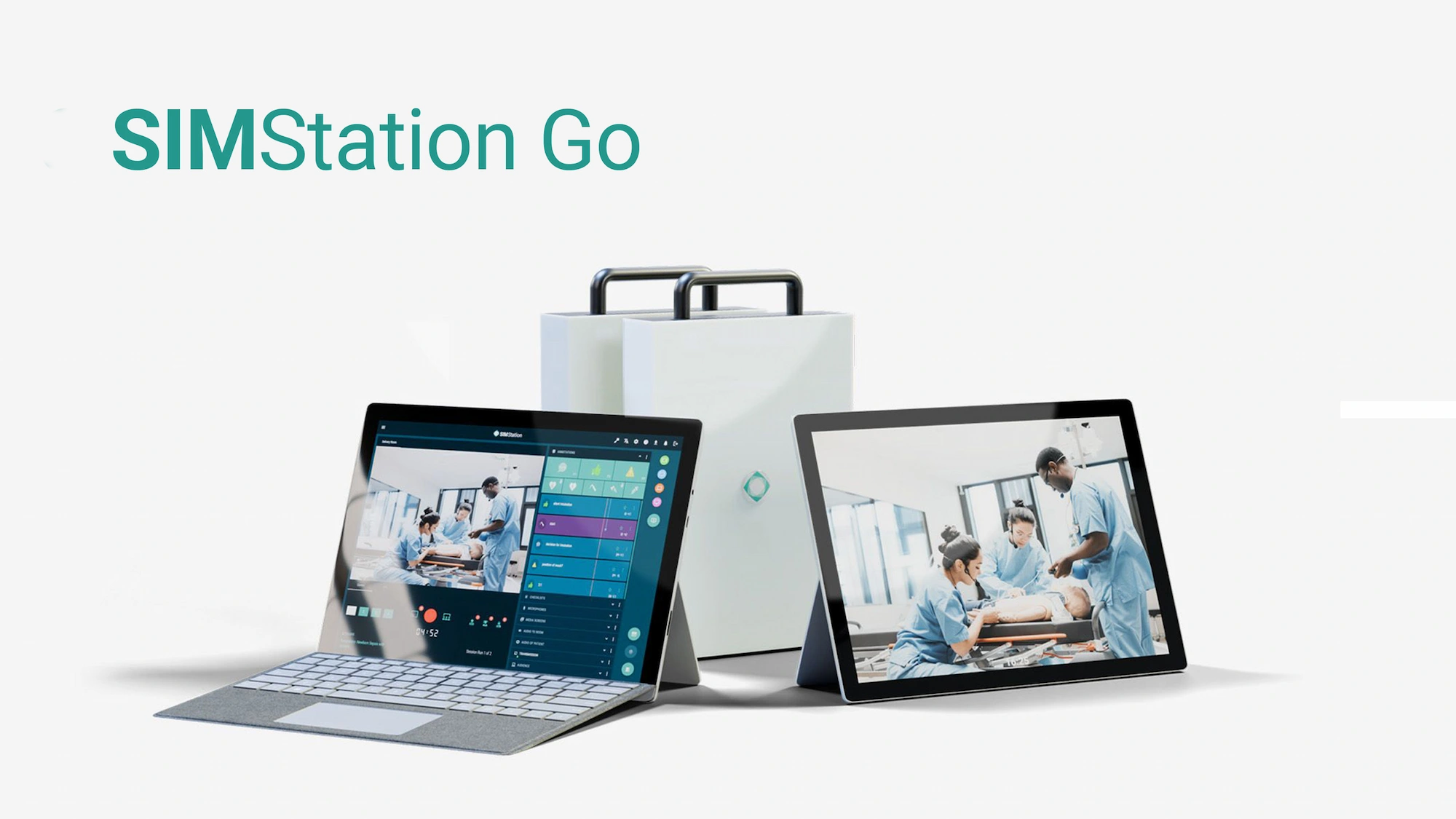 Two tablet computers and a white portable device with handles are displayed. The left screen shows a control interface, and the right screen shows a group in medical attire around a simulation bed.