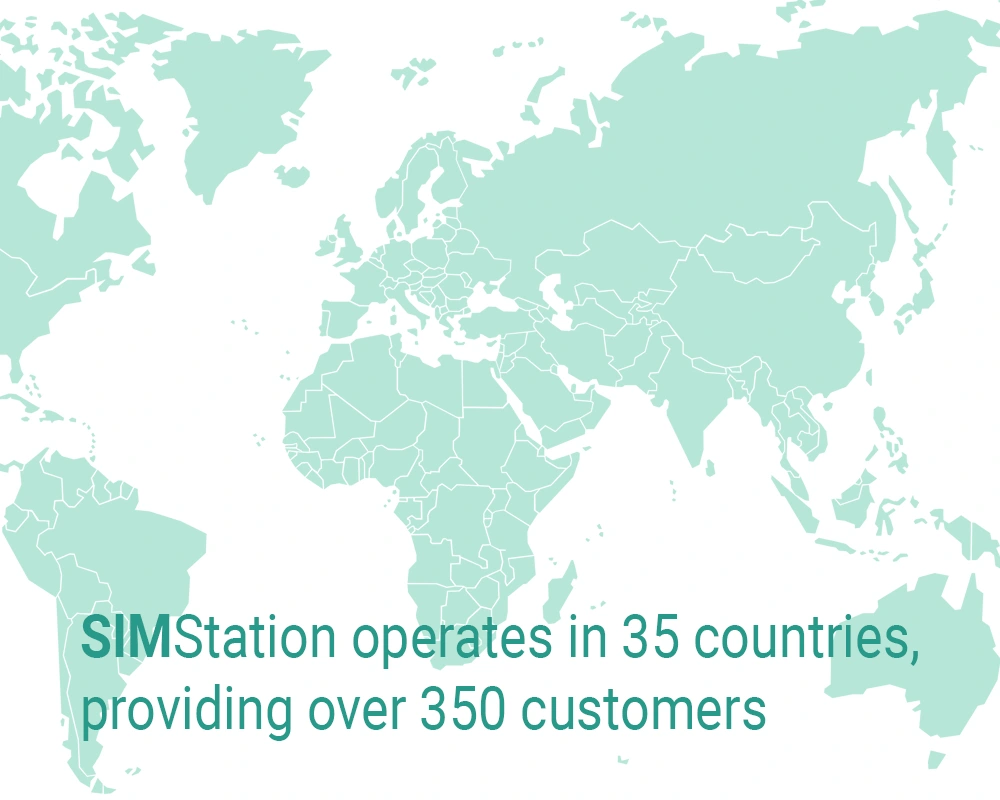A teal-colored minimalist world map infographic stating that SIMStation operates in 35 countries, providing services to over 350 customers globally.